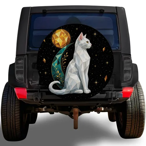 Geometric White Cat Moon And Teal Crescent For Mystical Road Trip Adventure Style Spare Tire Cover