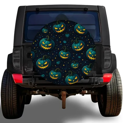 Glowing Teal Jack-O'-Lanterns For Halloween Night Drives And Spooky Road Trip Getaways Spare Tire Cover