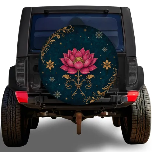 Pink Lotus And Gold Botanical Motif For Vintage Boho Road Trips And Nature Lovers Spare Tire Cover