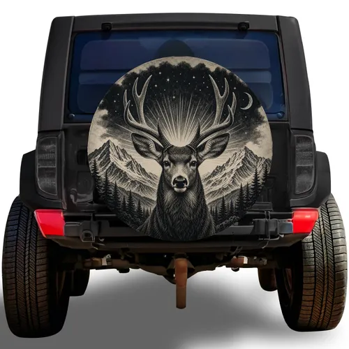 Majestic Mule Deer Antlers And Mountain Night Sky For Off Road SUV Camping Adventure Spare Tire Cover