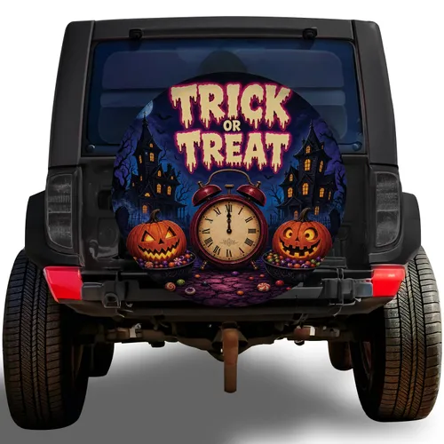 Trick Or Treat Pumpkins And Alarm Clock For Halloween Night Drives And Spooky Car Decor Spare Tire Cover