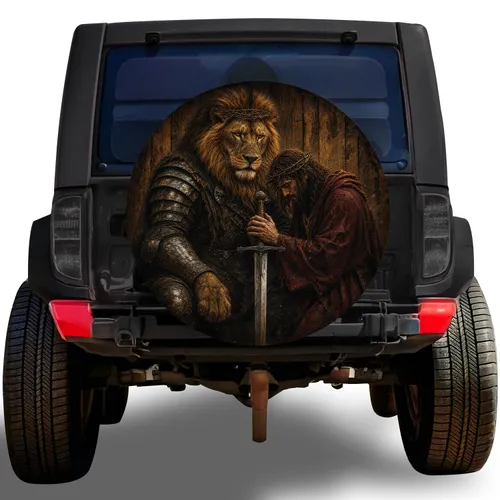 Lion Warrior And Knight With Sword For Gothic Road Trips And Medieval Fantasy Fans Spare Tire Cover
