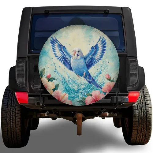 Blue Parakeet Water Splash Hibiscus Flowers For Tropical Road Trip Adventure Lovers Spare Tire Cover