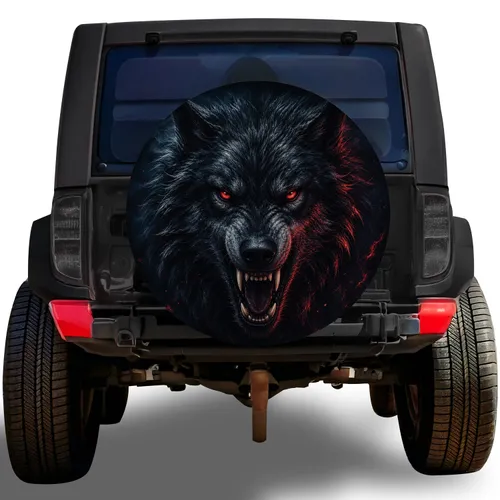 Fierce Snarling Black Wolf Red Eyes For Off Road Camping Adventure Vehicle Style Spare Tire Cover