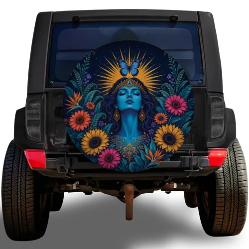 Mystical Blue Goddess Butterfly Floral Art for Boho SUV Adventure Road Trip Lovers Spare Tire Cover