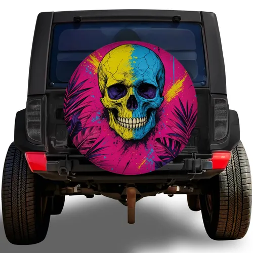 Neon Skull And Tropical Leaves Punk Style For Jeep Off Road Adventure Enthusiasts Spare Tire Cover