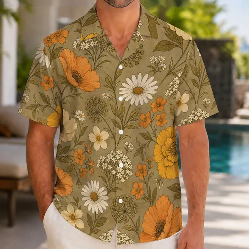 Retro Orange Yellow Daisy Floral Garden For Beach Vacations And Summer Resort Wear Hawaiian Shirt