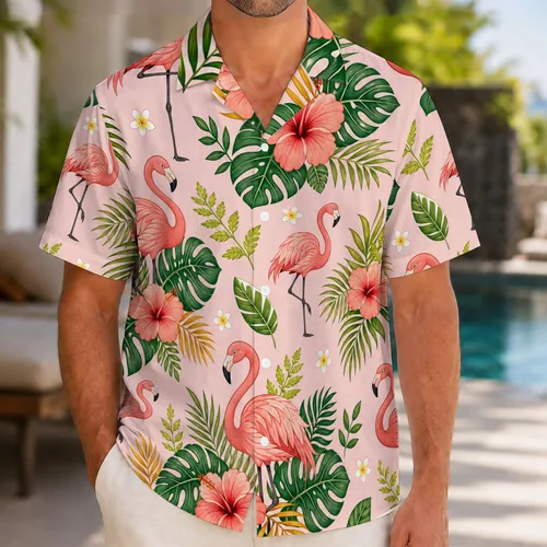 Pink Flamingo And Tropical Leaves For Beach Vacations, Resort Travel And Summer Getaways Hawaiian Shirt