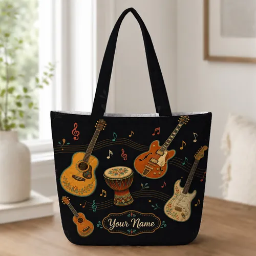 Bohemian Guitars Ukulele And Music Notes For Festival Travel Music Lover Gifts Quilted Tote Bag