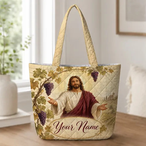 Jesus Vineyard Christian Faith Travel Gift for Church, Bible Study, and Weekend Getaways Quilted Tote Bag