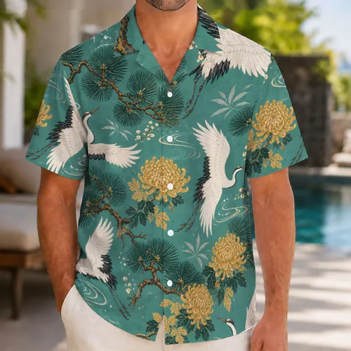 White Crane And Chrysanthemum Teal Resort Beach Vacation Coastal Travel Style For Men Hawaiian Shirt