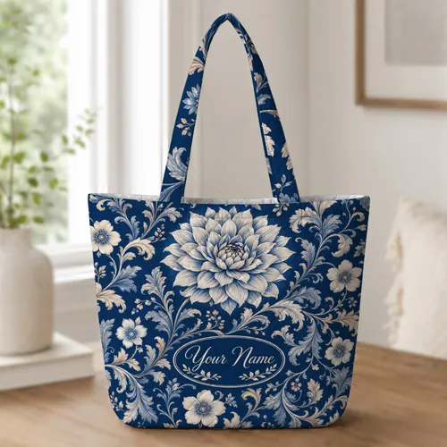 Coastal Indigo Chrysanthemum Floral Damask For Beach Trips, Travel, And Everyday Carry Quilted Tote Bag