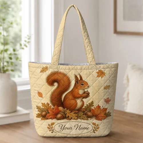 Vintage Red Squirrel Acorn Autumn Woodland For Fall Travel, Daily Errands And Outings Quilted Tote Bag