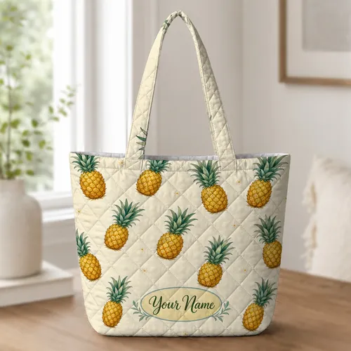 Watercolor Pineapple Botanical For Beach Travel And Tropical Vacation Lovers Everywhere Quilted Tote Bag