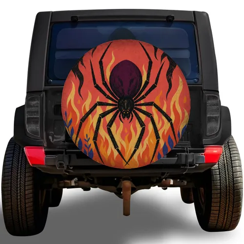 Black Spider And Flames For Halloween Road Trips And Gothic Outdoor Adventure Campers Spare Tire Cover