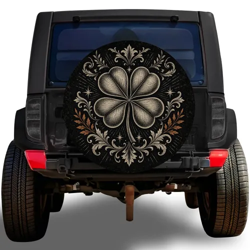 Four Leaf Clover Vintage Engraving for St Patrick's Day Outdoor Adventure Vehicles Spare Tire Cover