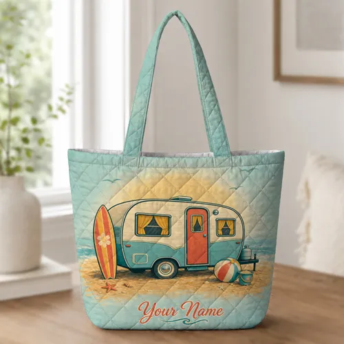 Retro Camper Trailer Beach Vacation Carryall for Coastal Travel and Camping Lovers Quilted Tote Bag