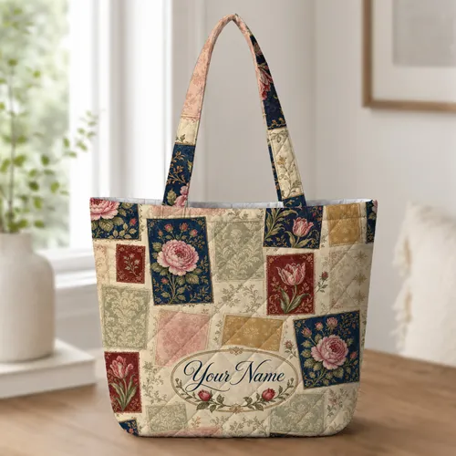 Vintage Patchwork Roses And Damask Panels For Everyday Outings And Garden Lovers Quilted Tote Bag