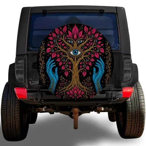 Mystical Golden Eye Tree With Turquoise Hands for Boho RV SUV Truck Adventurers Spare Tire Cover