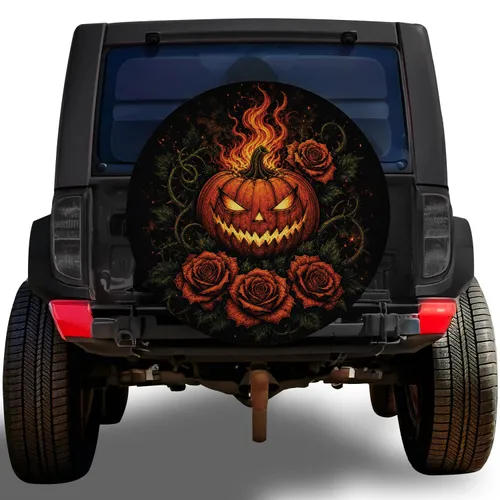 Flaming Jack O Lantern And Roses For Gothic Halloween Road Trip And Camping Enthusiasts Spare Tire Cover