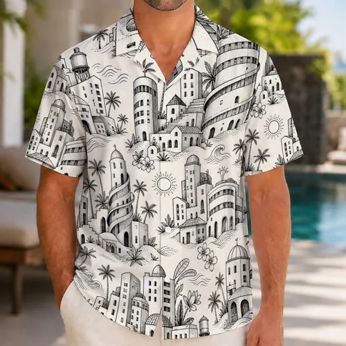 Monochrome Fantasy Cityscape For Resort Travel, Beach Getaways And Creative Casual Style Hawaiian Shirt