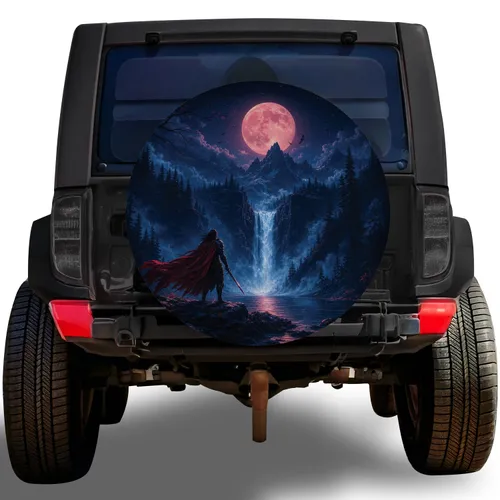 Moonlit Warrior Waterfall Scene For Night Adventure SUVs, Trucks And RV Travelers Spare Tire Cover