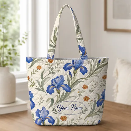 Blue Iris And Orange Daisy Floral Garden For Travel, Shopping, Everyday, And Womens Gifts Quilted Tote Bag