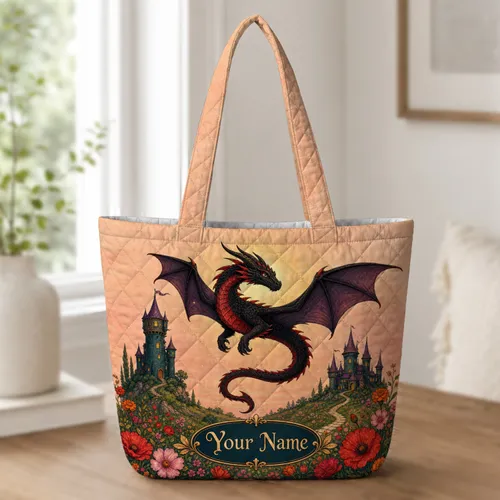 Black Dragon Castle Meadow Fantasy Gift For Gothic Fairy Tale Book Lovers Daily Use Quilted Tote Bag