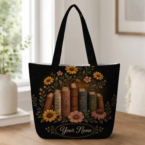 Vintage Floral Book Stack for Autumn Reading, Library Lovers and Book Club Gifts Quilted Tote Bag