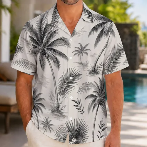 Monochrome Palm Tree Botanical Island Resort Wear For Men Tropical Vacation Style Hawaiian Shirt