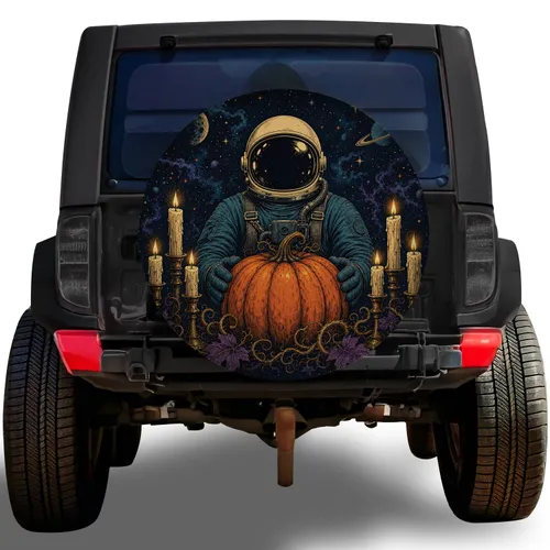 Halloween Astronaut With Pumpkin And Candlelight For RV Camping Fall Road Trip Adventures Spare Tire Cover