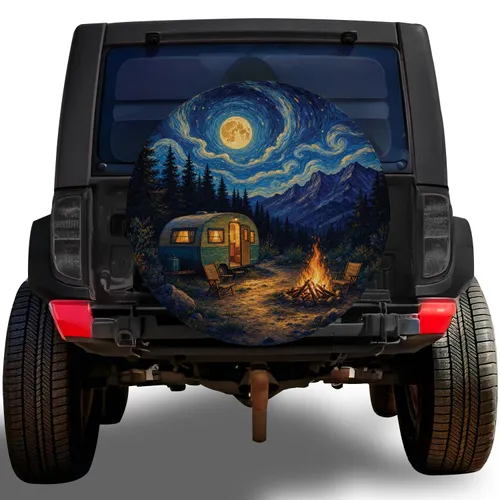 Vintage Camper Campfire Night Scene for Outdoor Adventure Camping RV Travel Lovers Spare Tire Cover