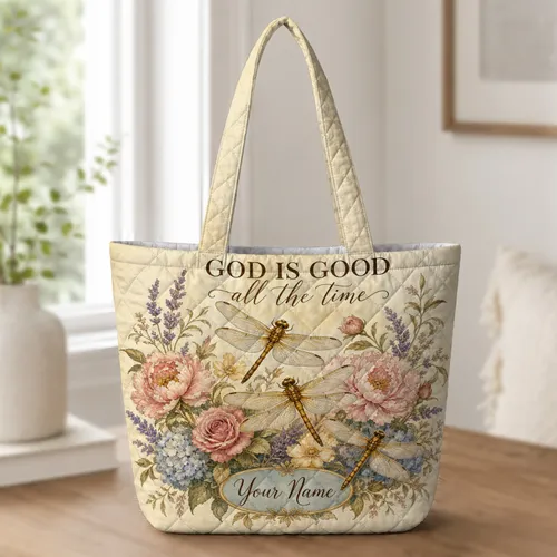 Faith Dragonflies And Peonies For Church, Garden Errands And Christian Women Gifts Quilted Tote Bag