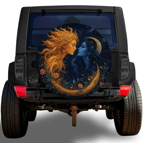 Golden Celestial Sun And Blue Moon Faces For Mystical Road Trip Adventure Lovers Gifts Spare Tire Cover