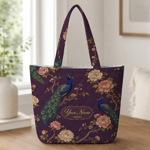 Blue Peacock And Peony Floral Gift For Elegant Everyday Carry And Special Occasions Quilted Tote Bag