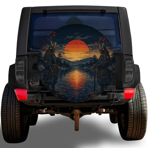 Samurai Sunset Lake Scene for Japanese Outdoor Camping SUV RV Truck Enthusiasts Spare Tire Cover