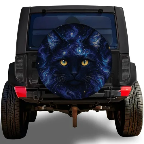 Celestial Black Cat Night Sky Art For Mystic Jeep, RV, And Overland Adventure Style Spare Tire Cover