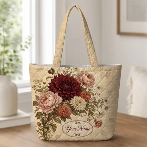 Burgundy Dahlia And Peony Name Gift For Autumn Wedding Brides And Garden Lovers Alike Quilted Tote Bag