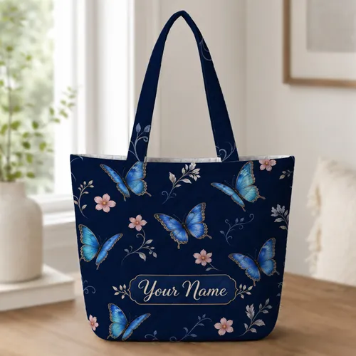 Blue Butterfly Floral Navy Theme For Travel, Gifts And Everyday Style For Women Quilted Tote Bag