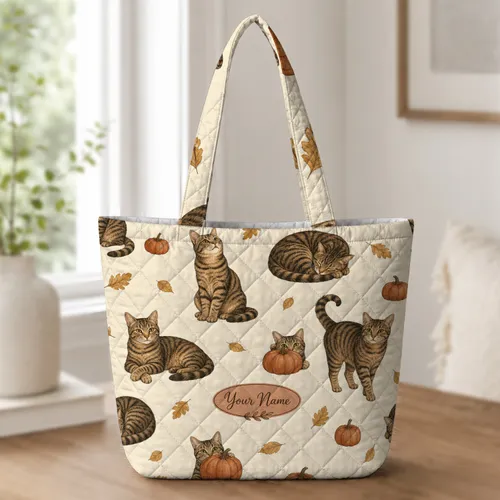 Tabby Cats And Autumn Pumpkins For Fall Travel, Market, And Everyday Use For Cat Lovers Quilted Tote Bag