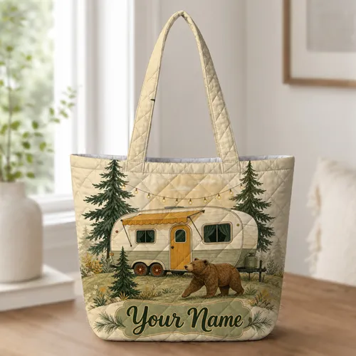 Woodland Bear And Vintage Camper Scene For Autumn Camping Trips And RV Travel Lovers Quilted Tote Bag