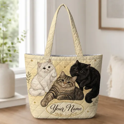 Three Fluffy Cats With Name Medallion For Shopping Travel Daily Errands Cat Lovers Quilted Tote Bag