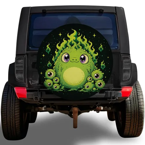 Cute Lime Alien Swamp Creature for Spooky Outdoor Camping and RV Adventure Lovers Spare Tire Cover