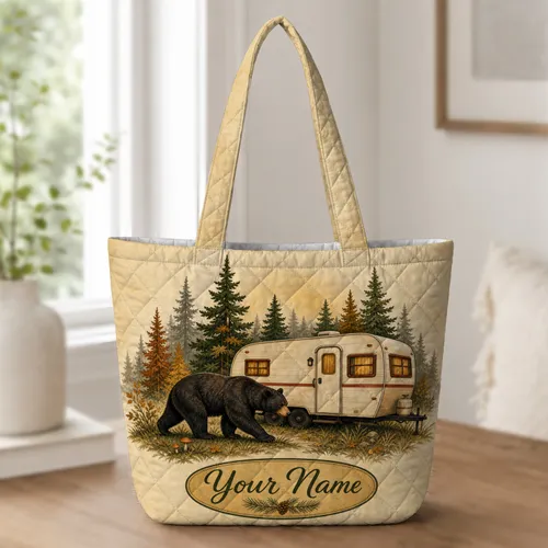 Black Bear Vintage Camper Forest Scene for Autumn Camping and Outdoor Adventure Lovers Quilted Tote Bag