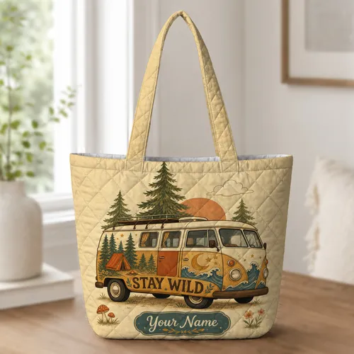 Retro Camper Van Stay Wild Camping Gift for Boho Road Trip and Nature Lovers Fans Quilted Tote Bag