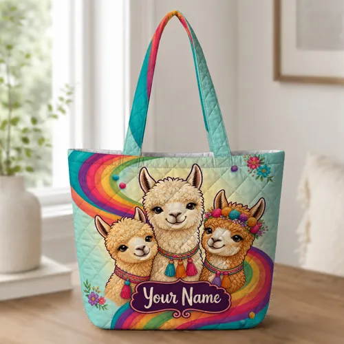 Rainbow Alpaca Folk Art For Market Days, Travel, And Festival Gift Giving For Her Quilted Tote Bag