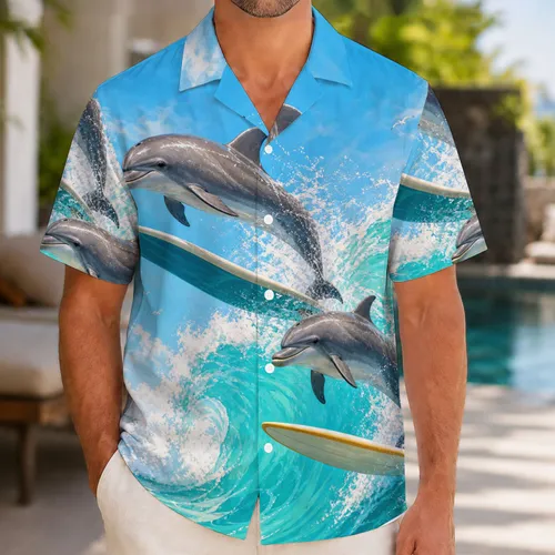 Leaping Dolphins Over Turquoise Waves for Tropical Beach Vacations and Resort Wear Hawaiian Shirt