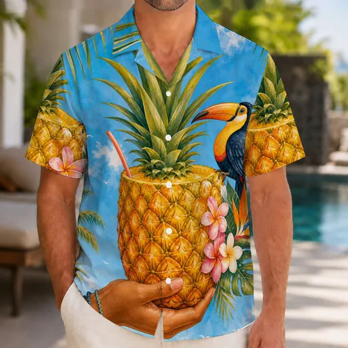 Pineapple Cocktail Toucan Tropical Beach Vacation Resort Wear For Men Summer Travel Hawaiian Shirt