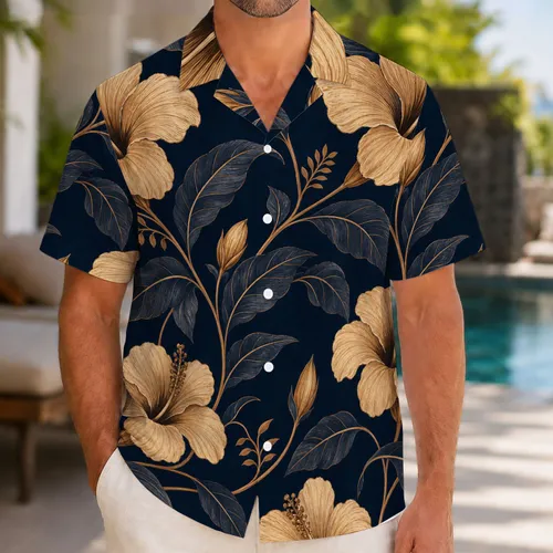 Midnight Navy Gold Tropical Florals For Resort Travel, Beach Vacation, Summer Cruise Wear Hawaiian Shirt