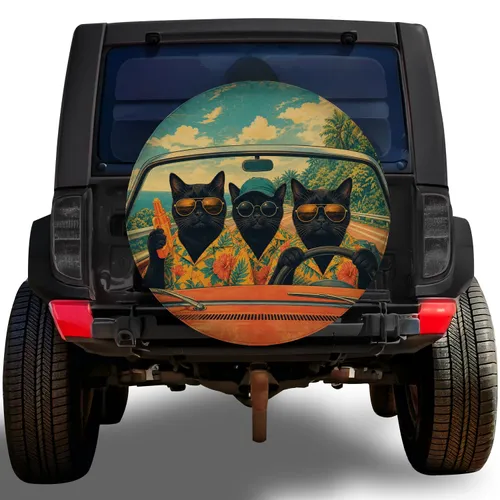 Black Cats In Sunglasses Driving Vintage Convertible For Retro Road Trip Adventure Lovers Spare Tire Cover